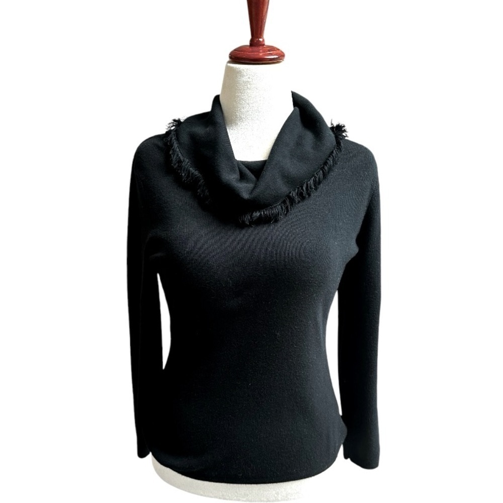 Preswick & Moore Black Fringe Cowl Neck Long Sleeve Rayon Sweater Casual Career